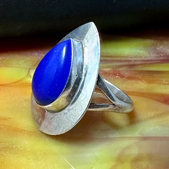 Lapis lazuli ring bezel set teardrop sterling silver signed “L” size 7.5 5505 Y - Picture 3 of 13